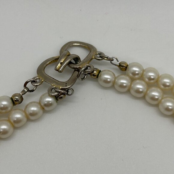 Vintage Faux Pearl Choker Double Strand Necklace With Ornate Pendant Prom Formal - Picture 10 of 15